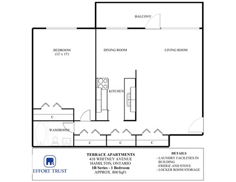 A floor plan for a 1B series apartment at Effort Trust.